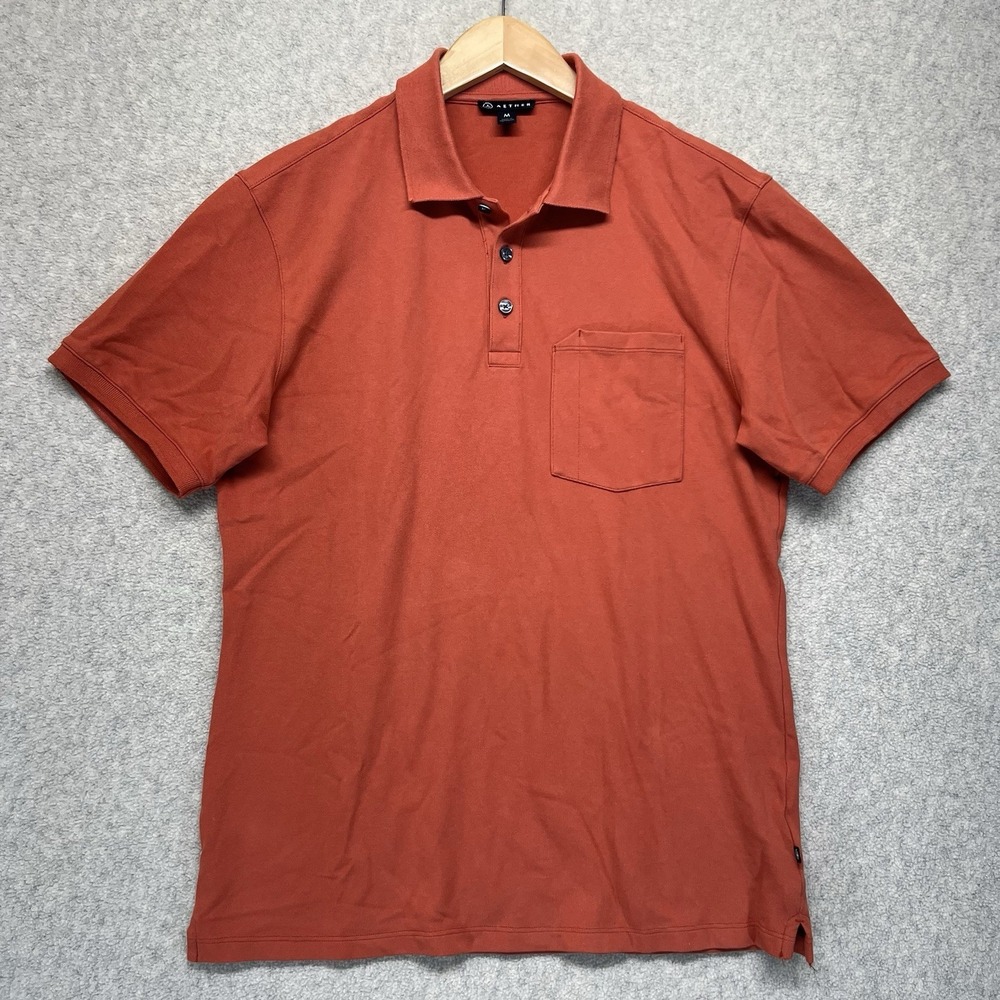 Aether‎ Mens Polo Shirt Medium Orange Short Sleeve Cotton Pocket Casual
